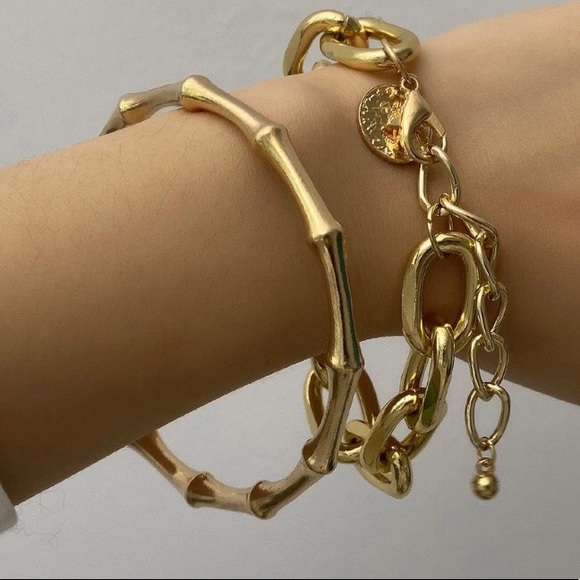 NEW 2/Pcs Set Gold Chain Punk Bangle Bracelet - Picture 3 of 7